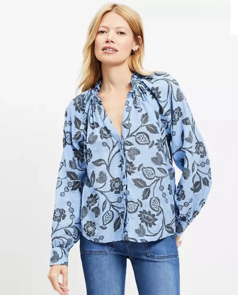 LOFT NWT Peasant Blouse Womens M Blue Black Vintage Floral Thistle Long Sleeve